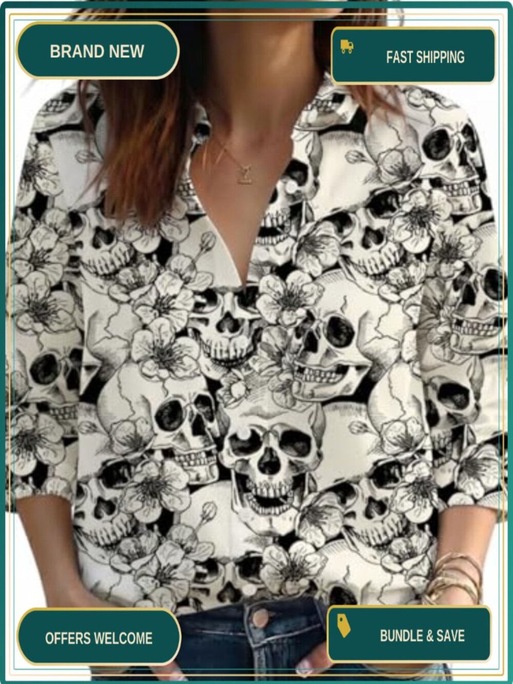 Women's Halloween Button Down Shirt 3/4 Sleeve Lapel Collar Polyester Blouse
